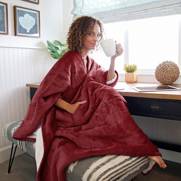 Catalonia Sherpa Wearable Blanket Poncho for Adult Women Men, Wine Color - Picture 4 of 6